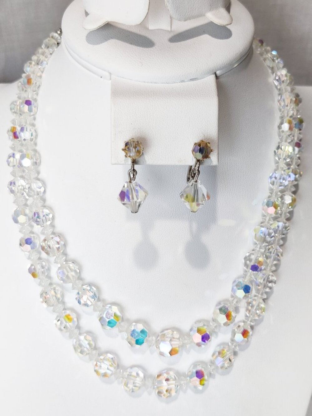 Vintage Signed Coro AB Crystal Necklace Earrings Set